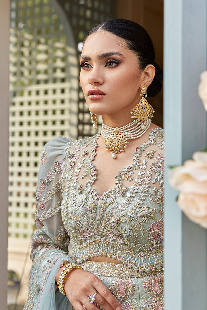 Mint Floral Embroidered Net Lehenga Choli (3-Piece) - Image 2