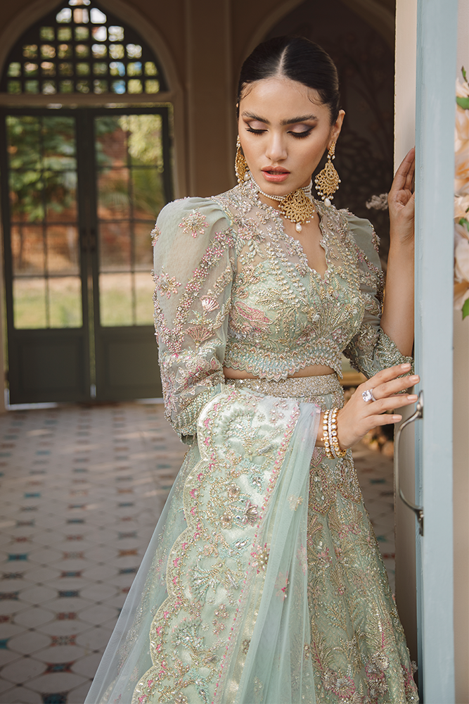 Mint Floral Embroidered Net Lehenga Choli (3-Piece) - Image 3