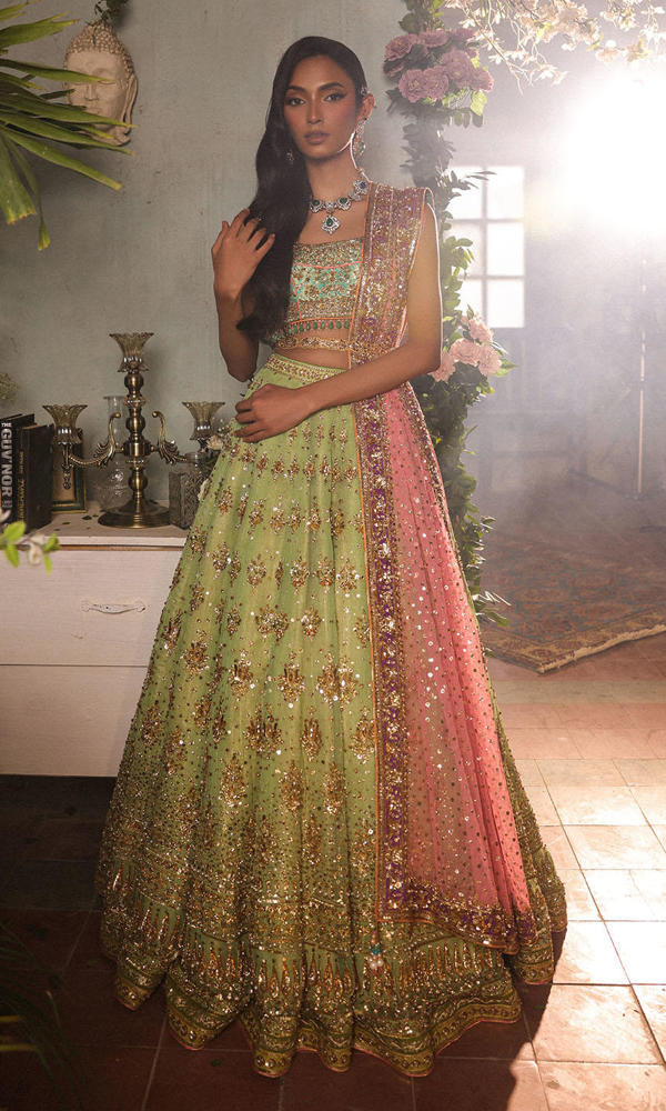Apple Green & Turquoise Embroidered Net Silk Lehenga (3-Piece) - Image 2