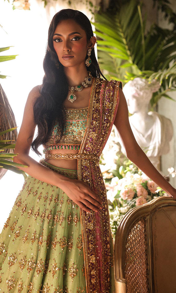 Apple Green & Turquoise Embroidered Net Silk Lehenga (3-Piece) - Image 3