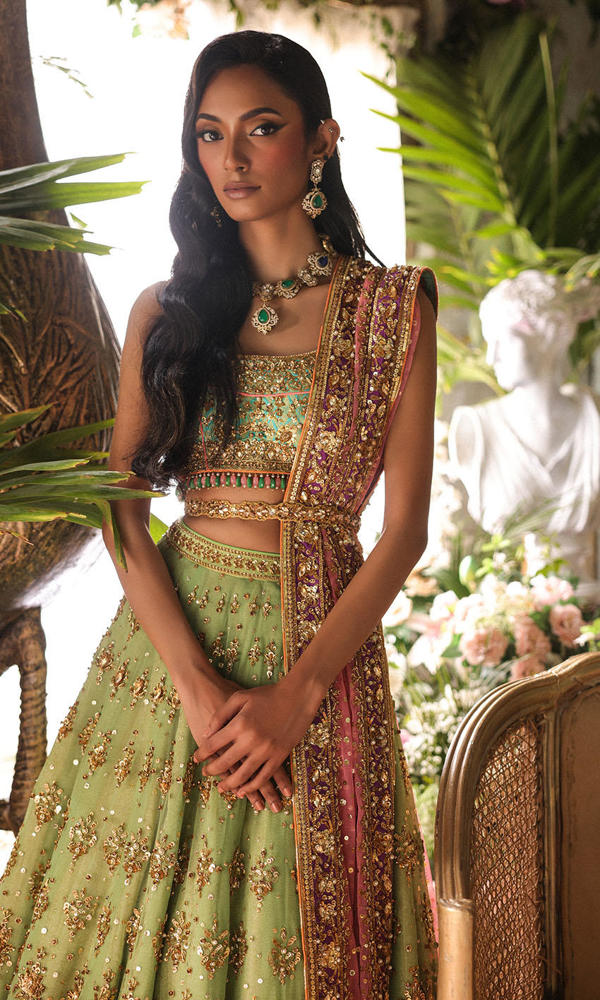 Apple Green & Turquoise Embroidered Net Silk Lehenga (3-Piece) - Image 4