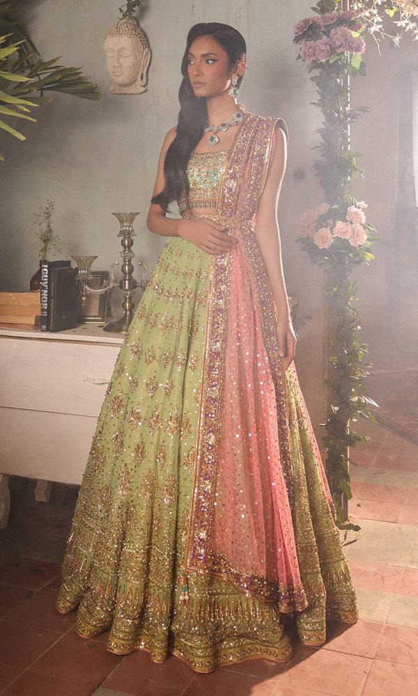 Apple Green & Turquoise Embroidered Net Silk Lehenga (3-Piece) - Image 5