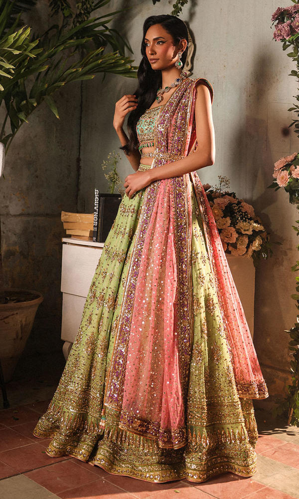 Apple Green & Turquoise Embroidered Net Silk Lehenga (3-Piece) - Image 6