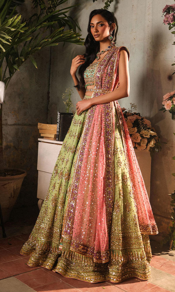 Apple Green & Turquoise Embroidered Net Silk Lehenga (3-Piece) - Image 7