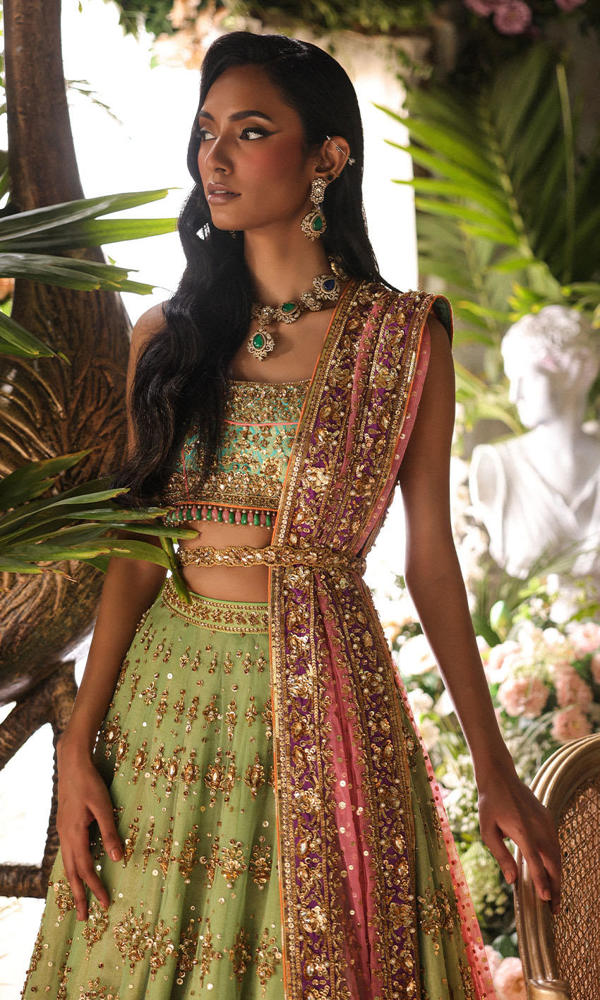 Apple Green & Turquoise Embroidered Net Silk Lehenga (3-Piece) - Image 8