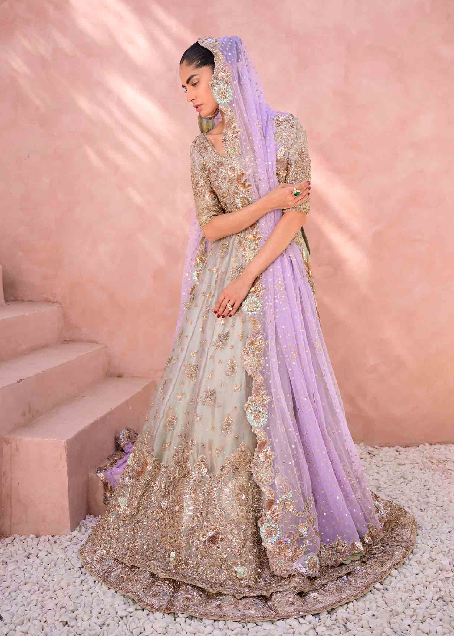 Soft Sage and Lilac Embroidered Net Bridal Lehenga (3-Piece) - Image 4