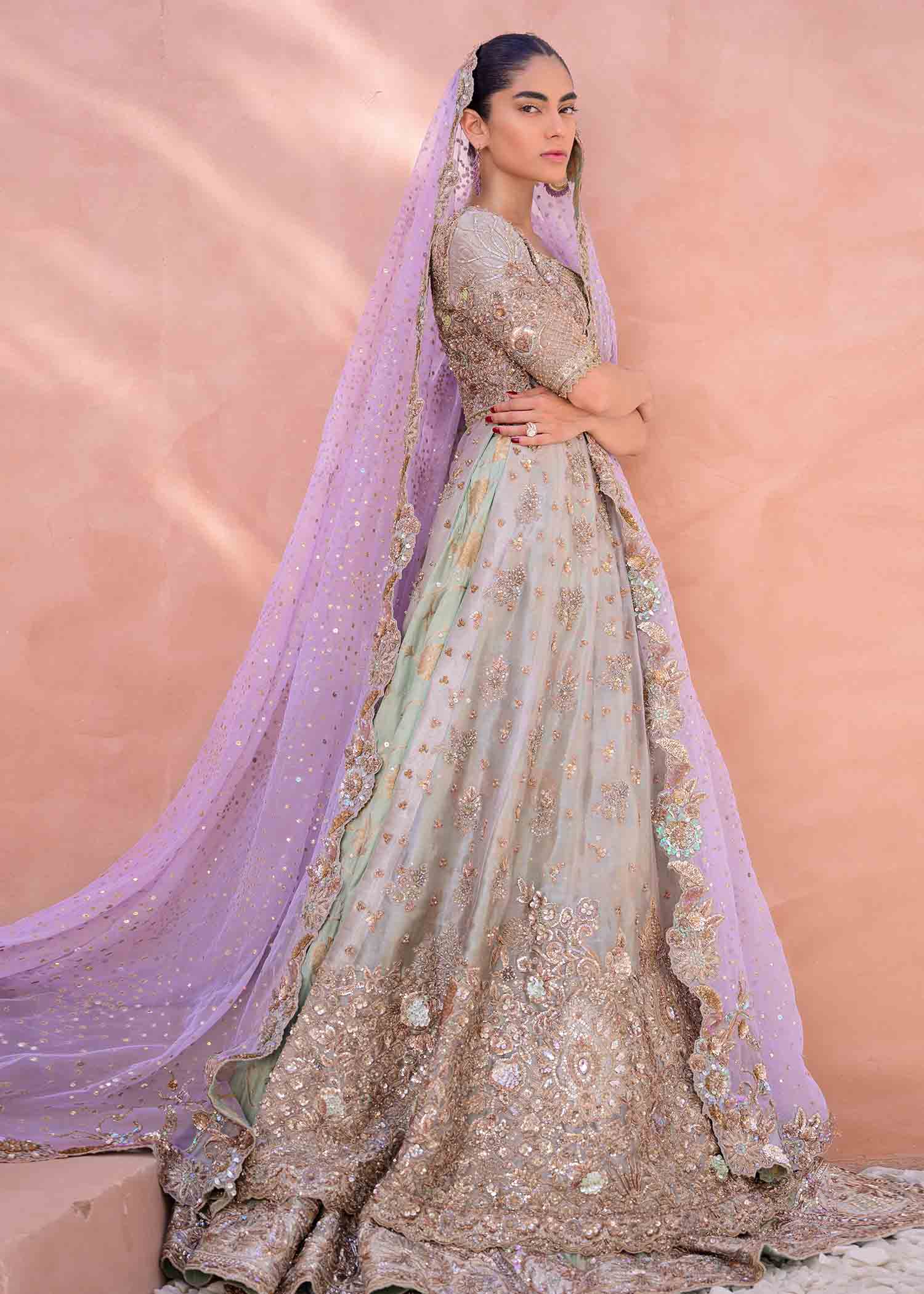 Soft Sage and Lilac Embroidered Net Bridal Lehenga (3-Piece) - Image 5