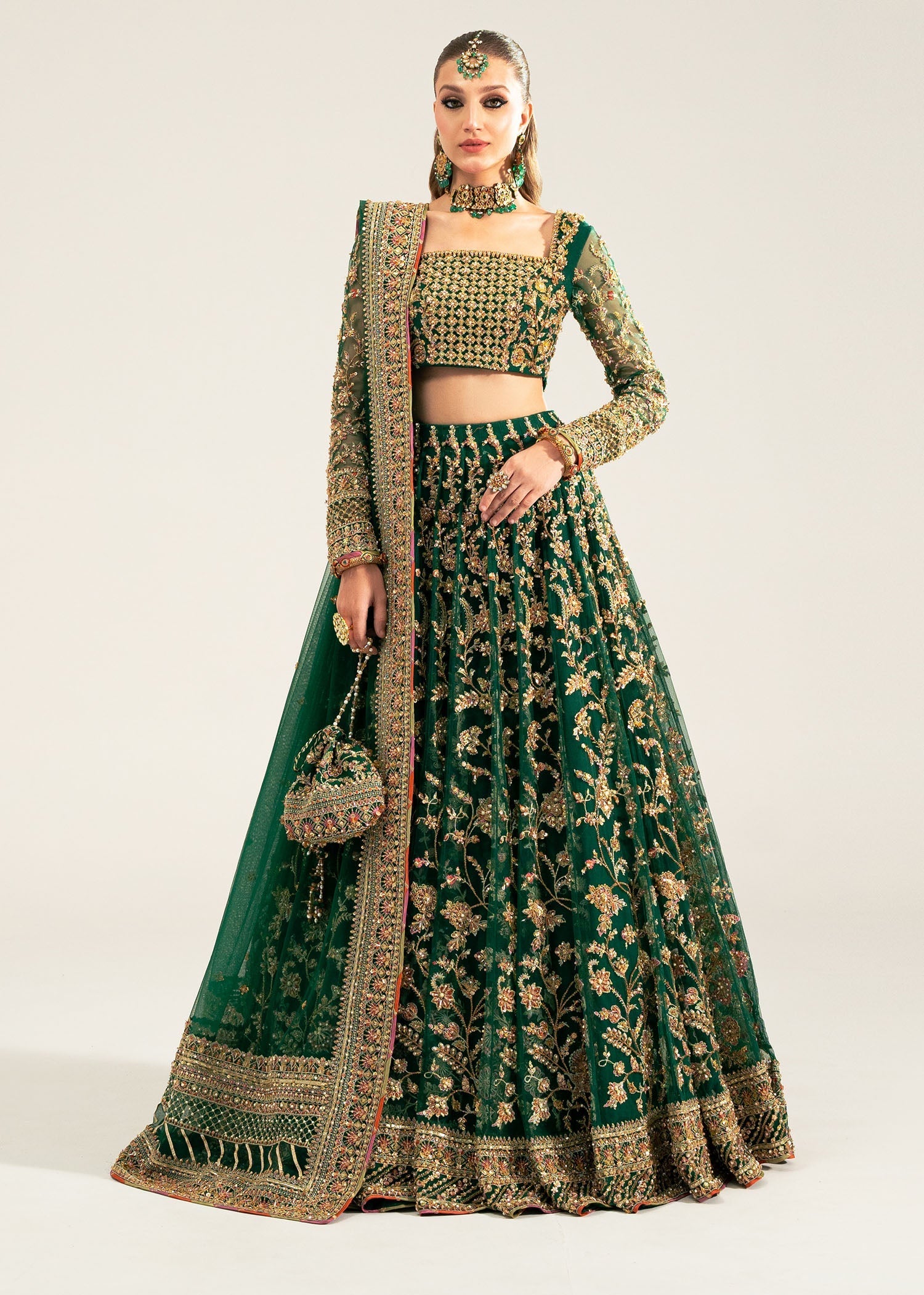 Bottle Green Gota Embroidered Net Lehenga Choli (3-Piece) - Image 1