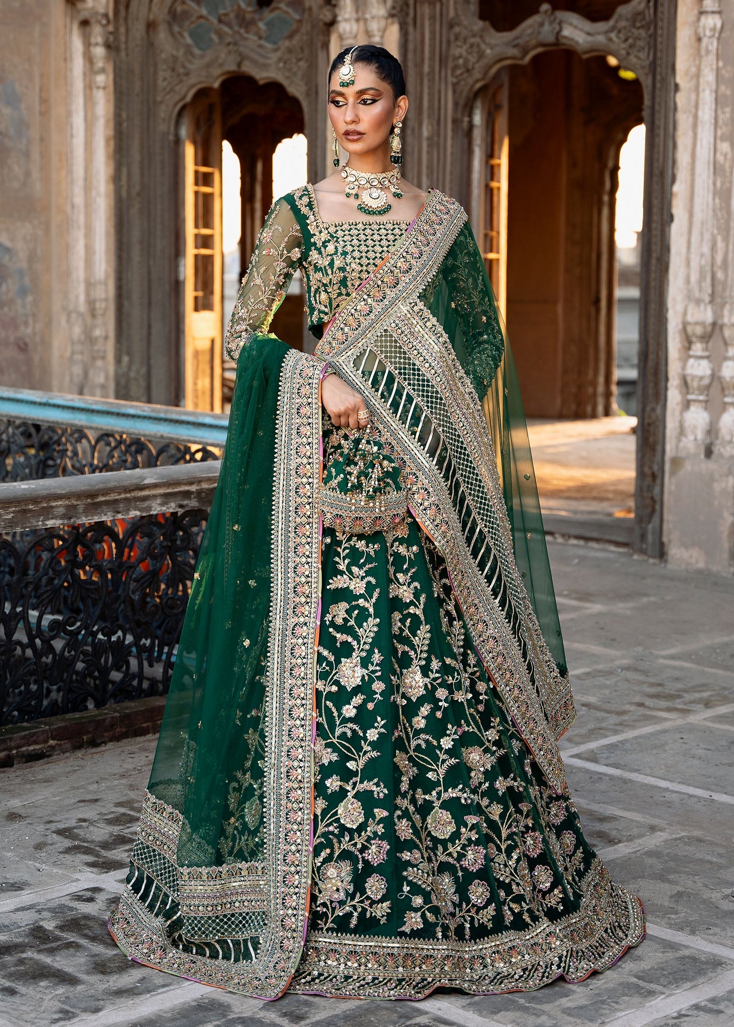 Bottle Green Gota Embroidered Net Lehenga Choli (3-Piece) - Image 2