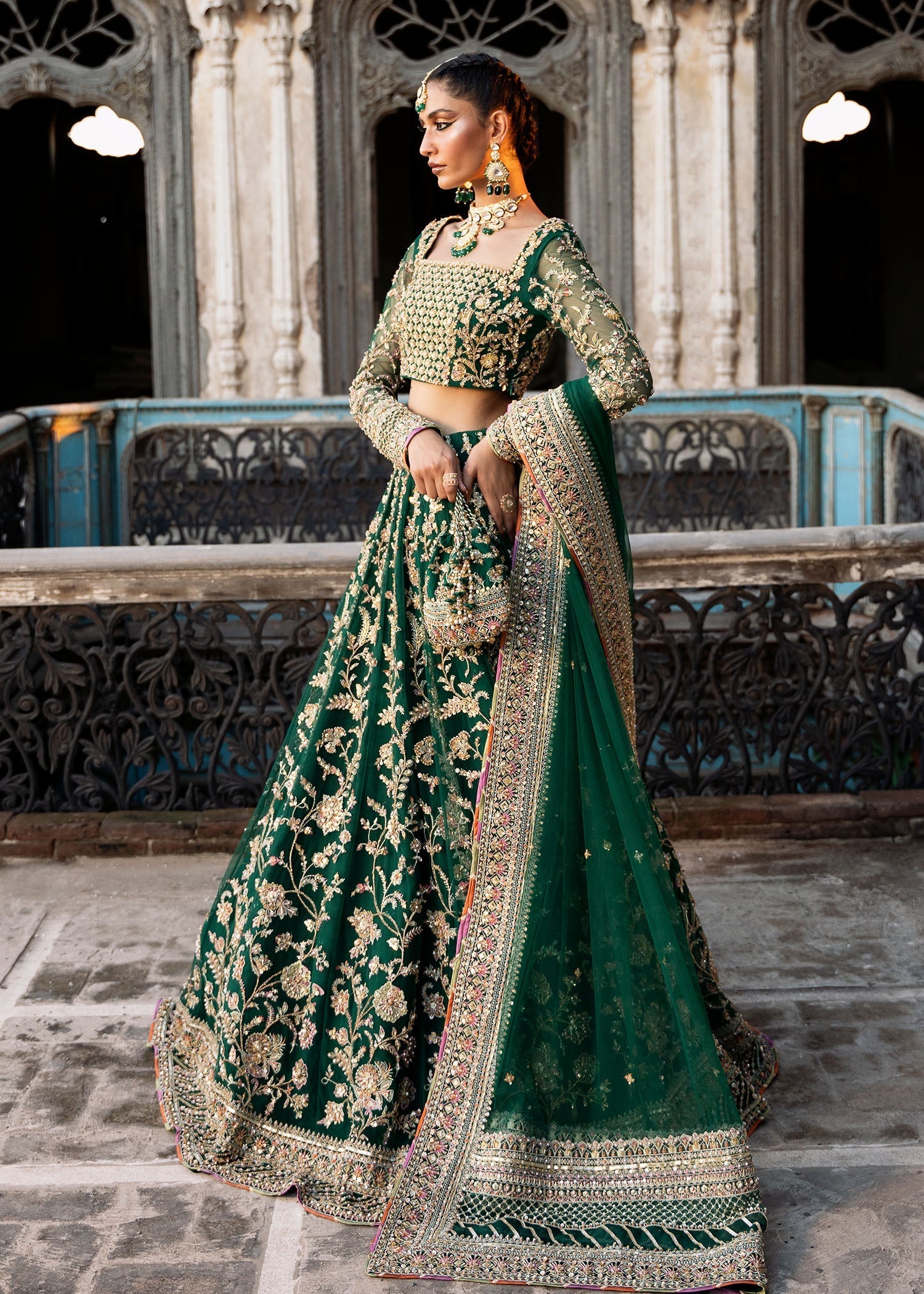 Bottle Green Gota Embroidered Net Lehenga Choli (3-Piece) - Image 4