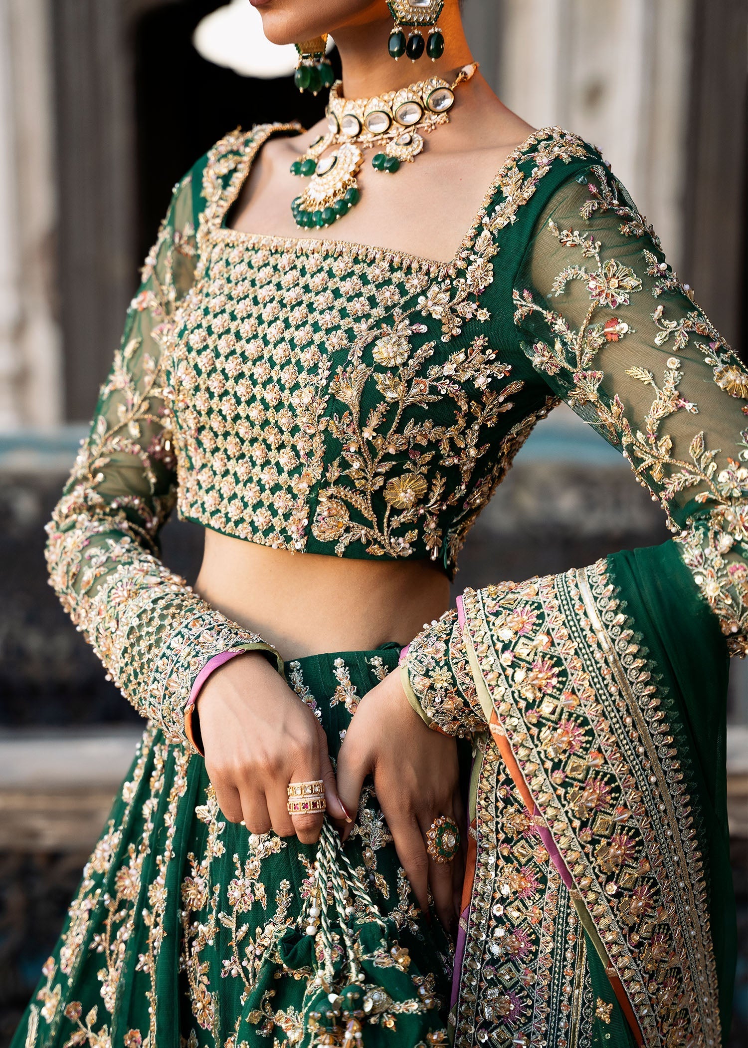 Bottle Green Gota Embroidered Net Lehenga Choli (3-Piece) - Image 5