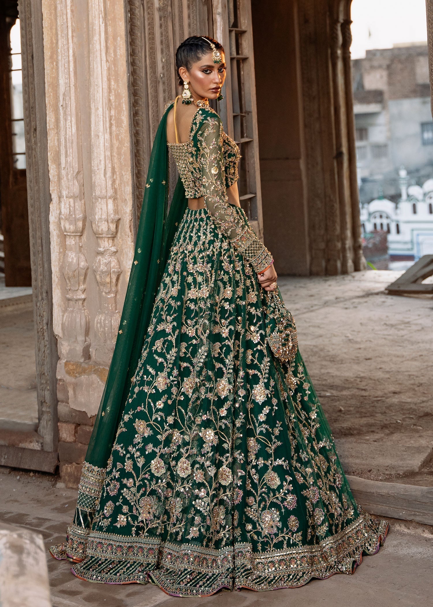 Bottle Green Gota Embroidered Net Lehenga Choli (3-Piece) - Image 6