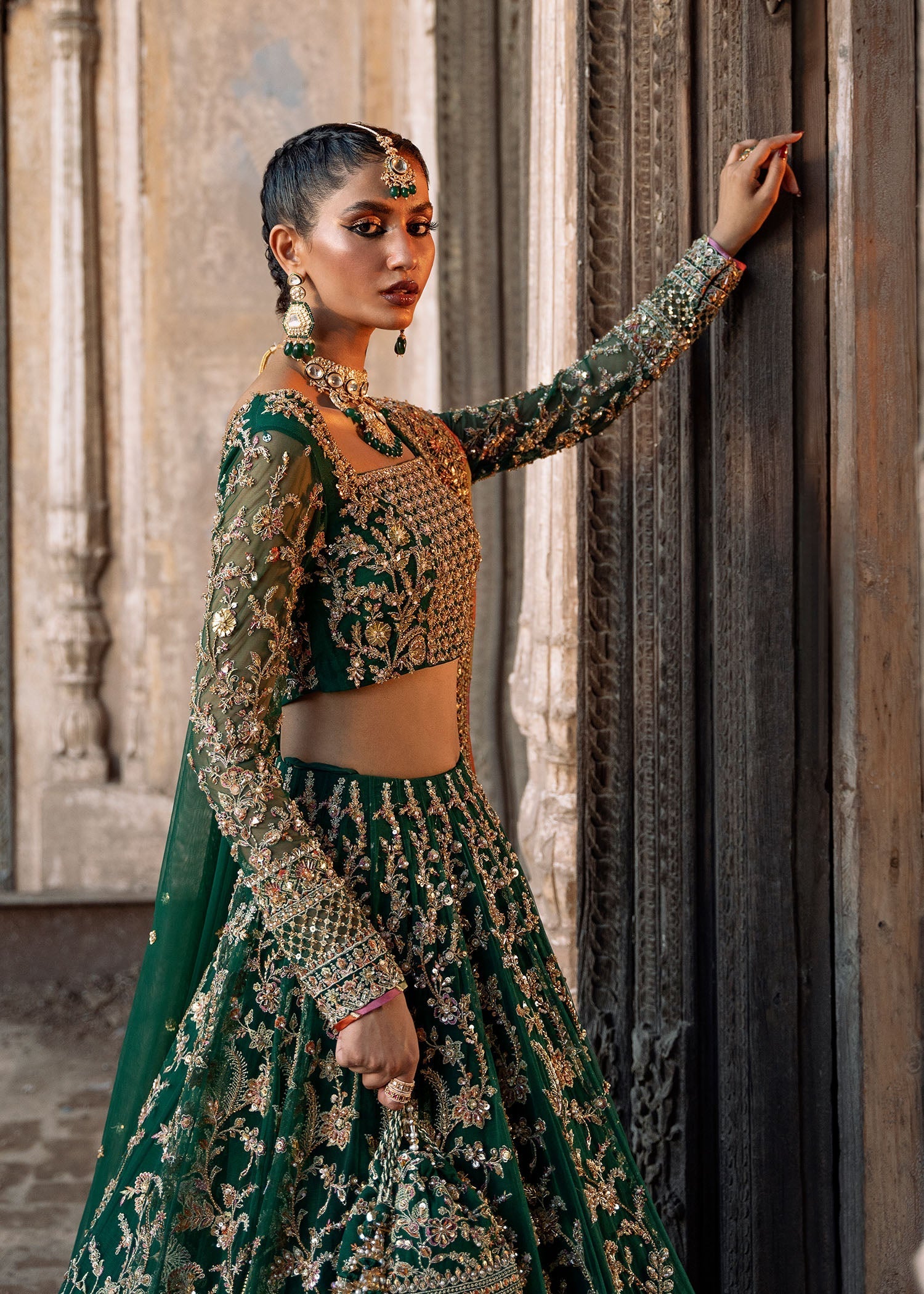 Bottle Green Gota Embroidered Net Lehenga Choli (3-Piece) - Image 7