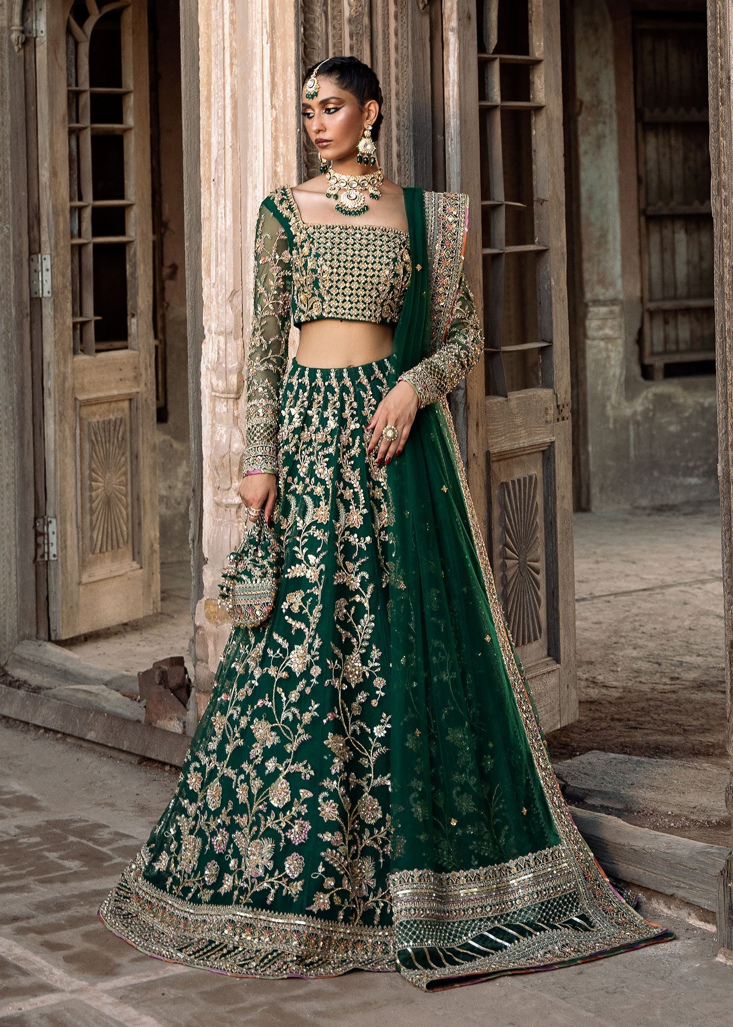 Bottle Green Gota Embroidered Net Lehenga Choli (3-Piece) - Image 8