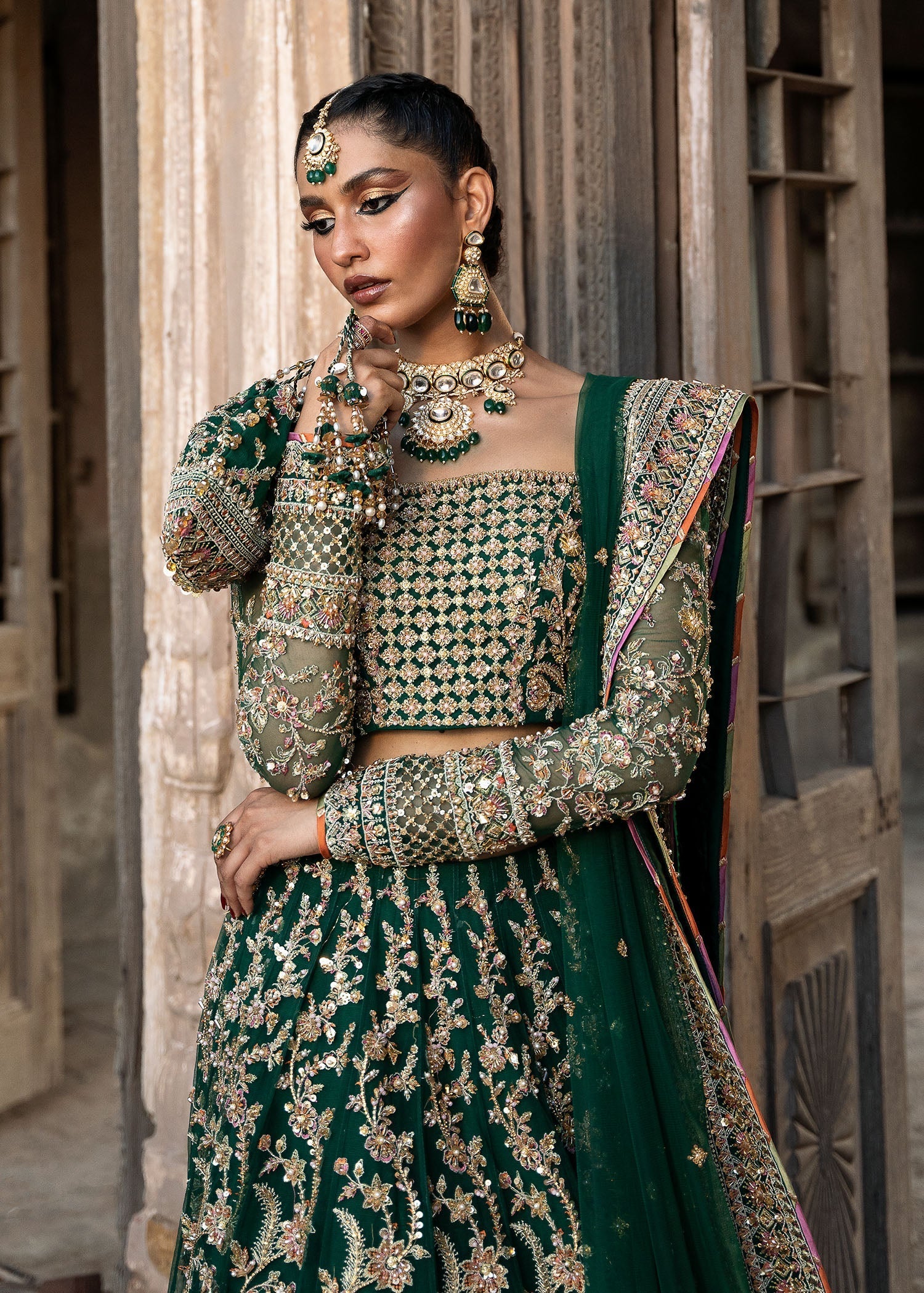 Bottle Green Gota Embroidered Net Lehenga Choli (3-Piece) - Image 9