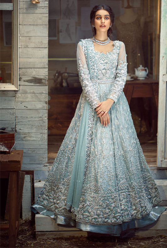 Light Mint Embellished Net Gown with Jacquard Lehenga (3-Piece) - Image 2