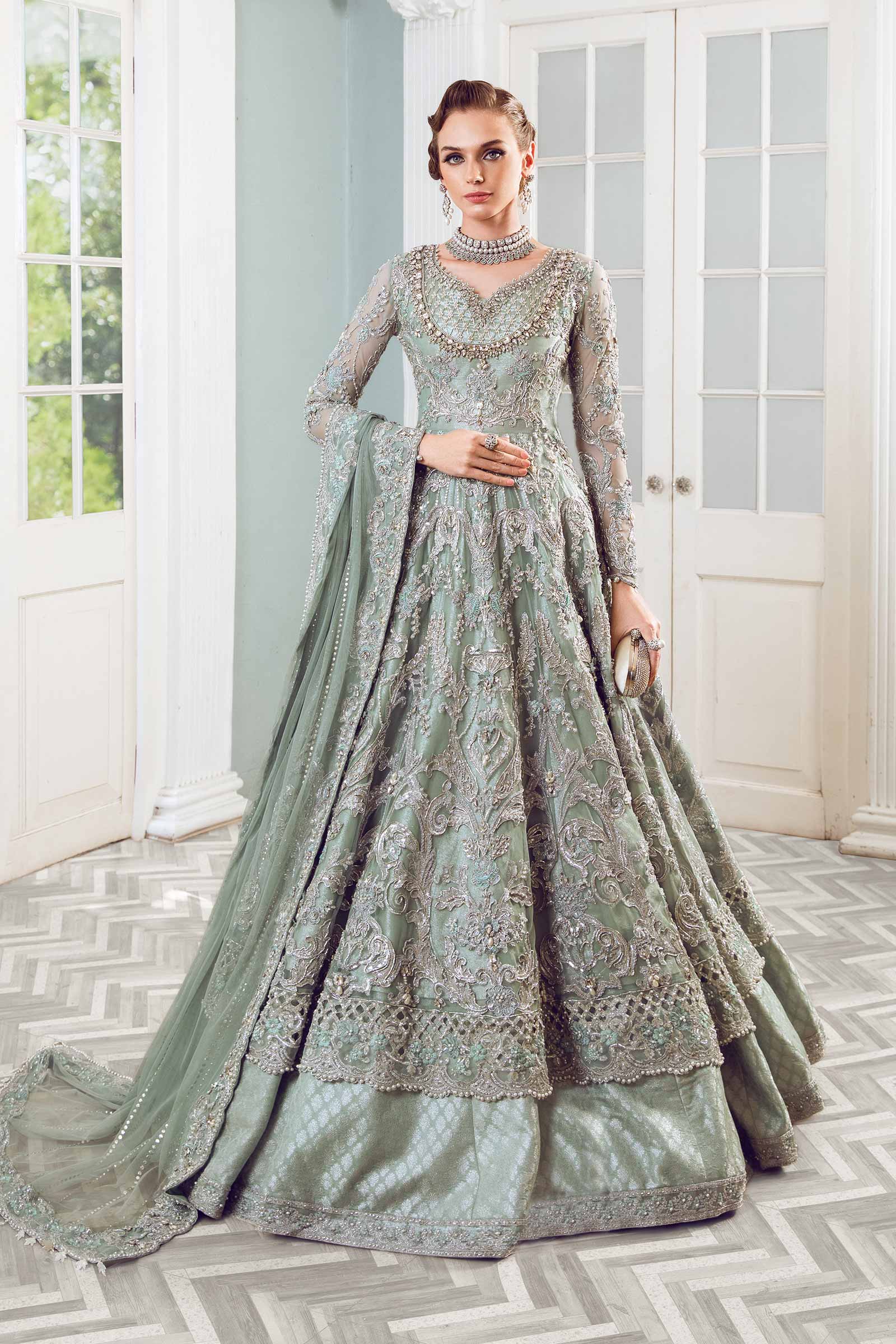 Pakistani Sea Green Embellished Net & Jamawar Lehenga Gown (3-Piece) - Image 1