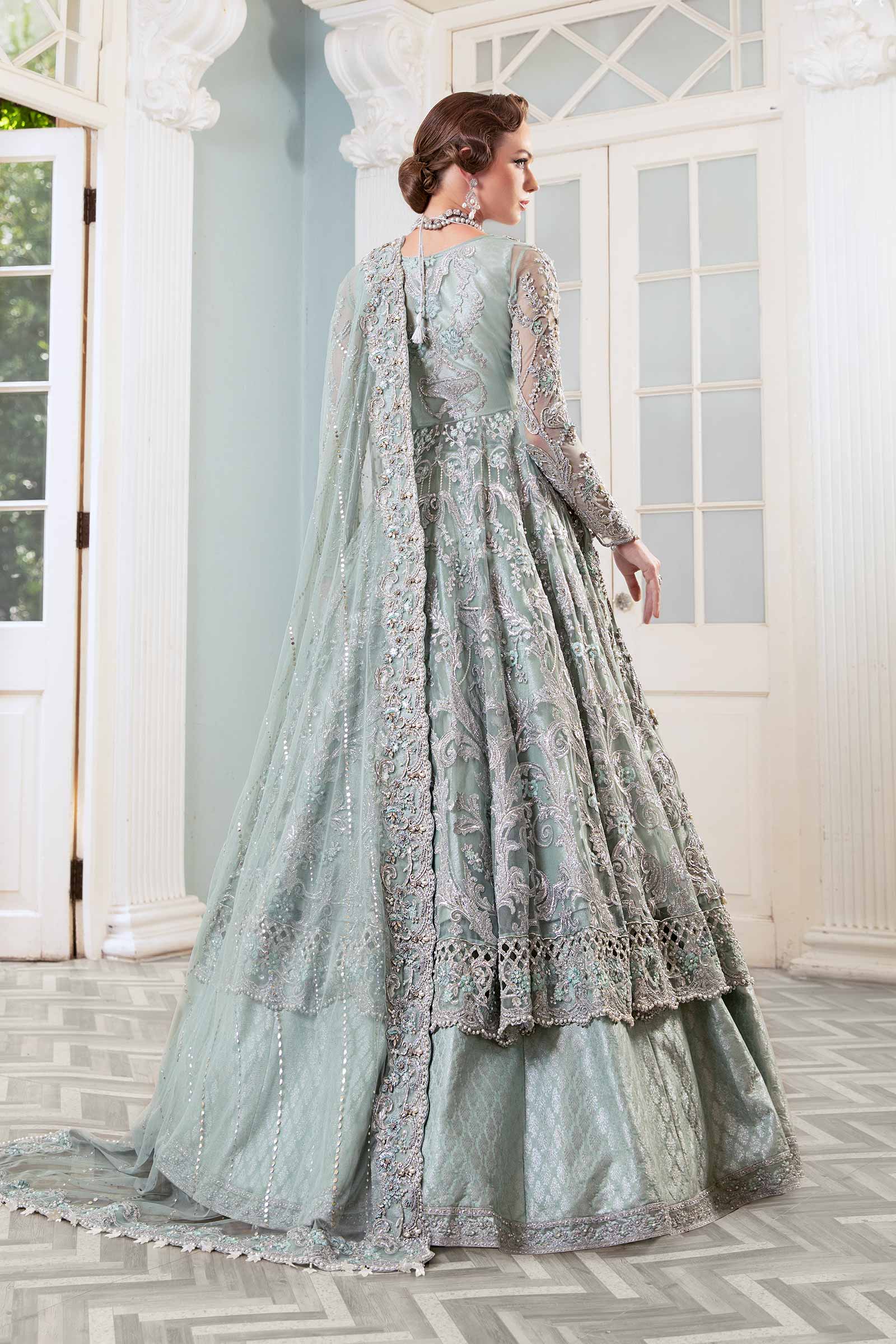 Pakistani Sea Green Embellished Net & Jamawar Lehenga Gown (3-Piece) - Image 10