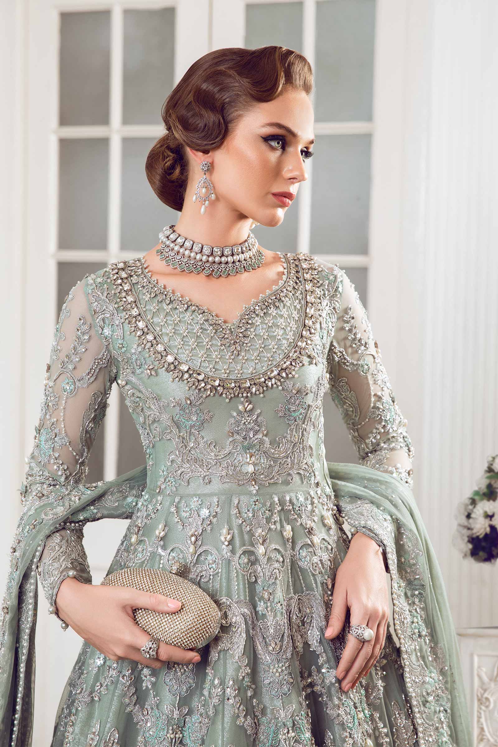 Pakistani Sea Green Embellished Net & Jamawar Lehenga Gown (3-Piece) - Image 2