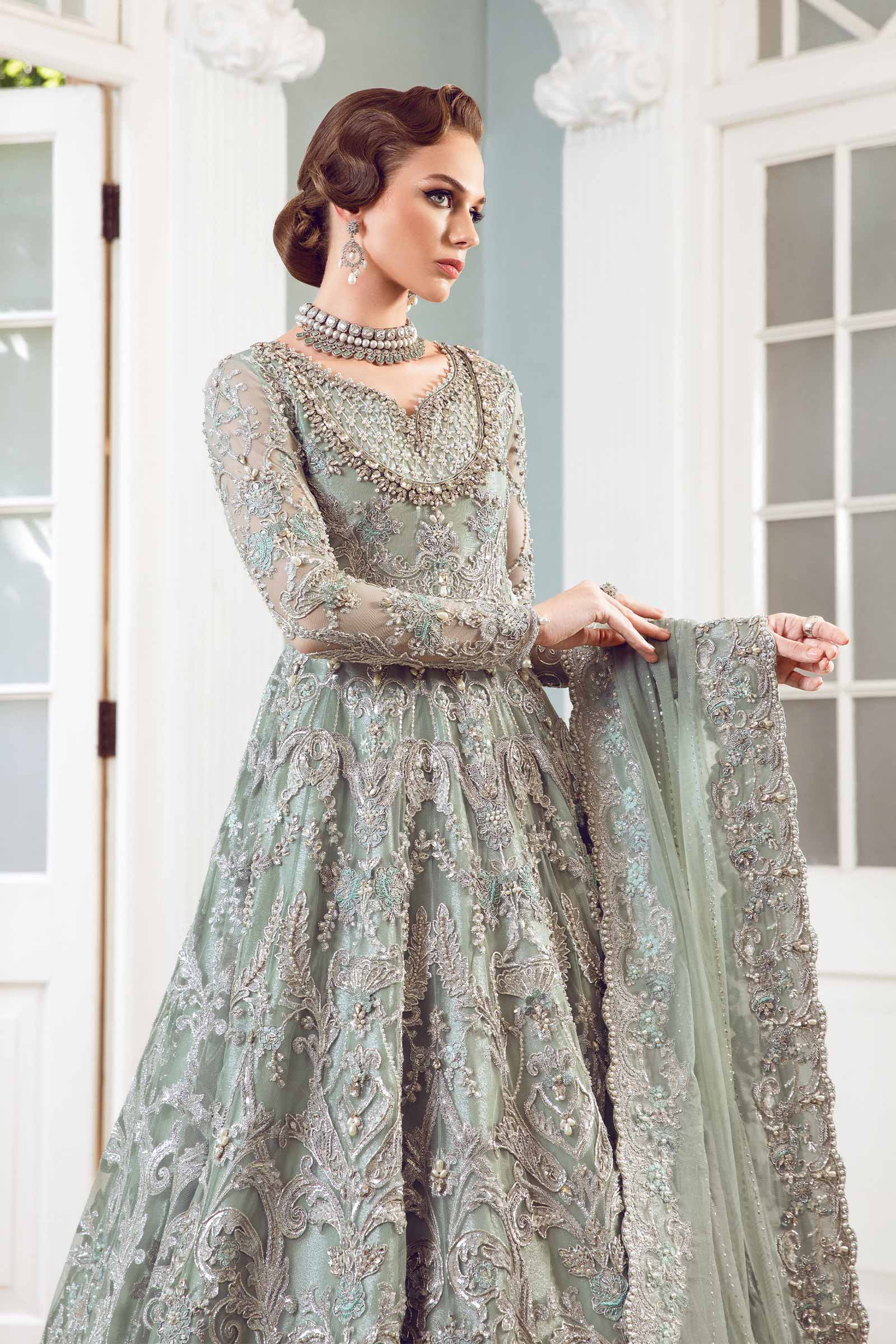 Pakistani Sea Green Embellished Net & Jamawar Lehenga Gown (3-Piece) - Image 3