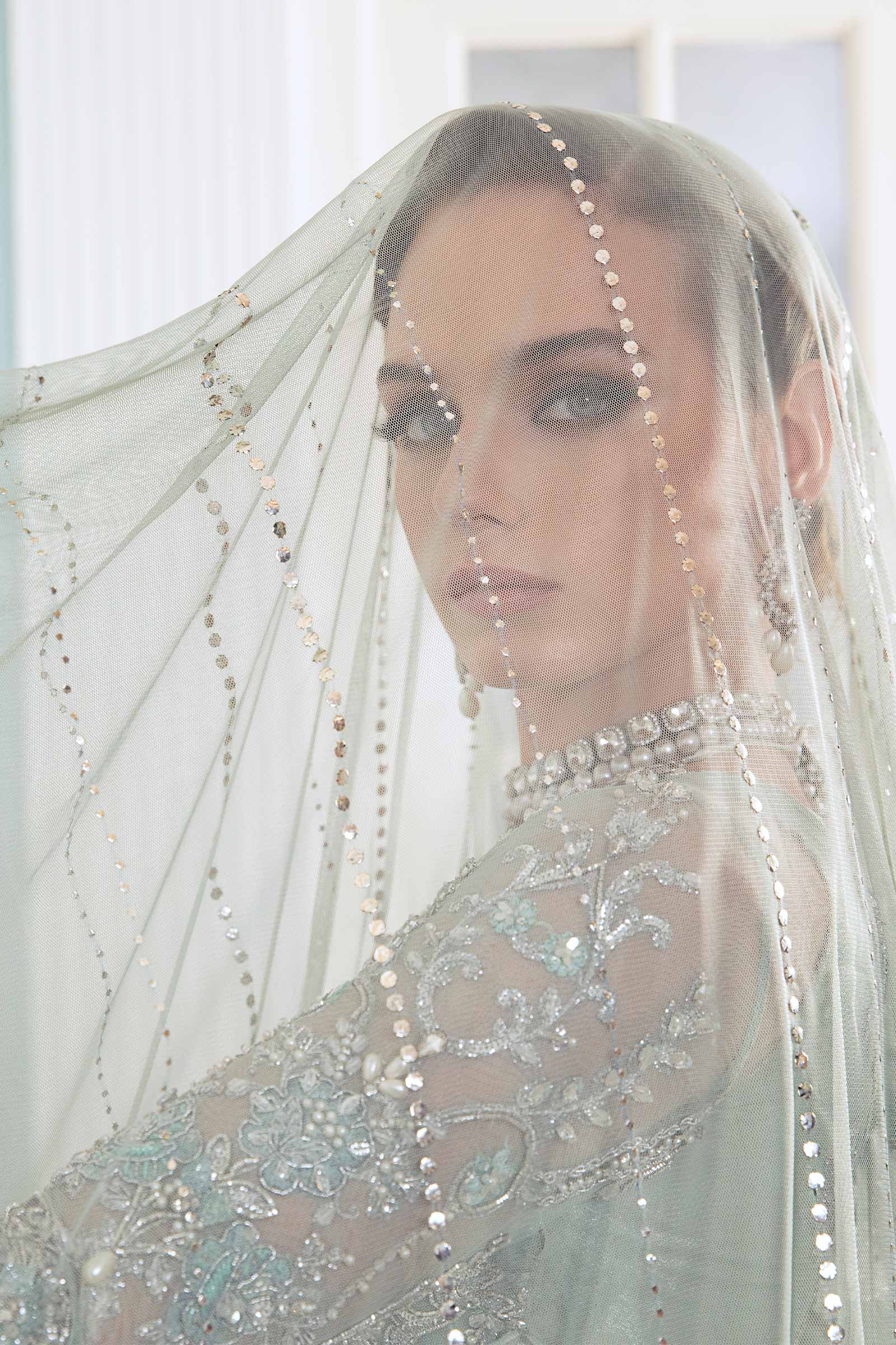 Pakistani Sea Green Embellished Net & Jamawar Lehenga Gown (3-Piece) - Image 5