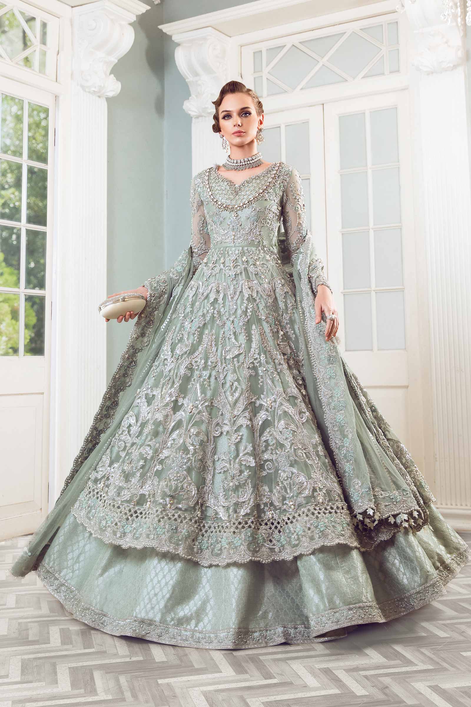 Pakistani Sea Green Embellished Net & Jamawar Lehenga Gown (3-Piece) - Image 8