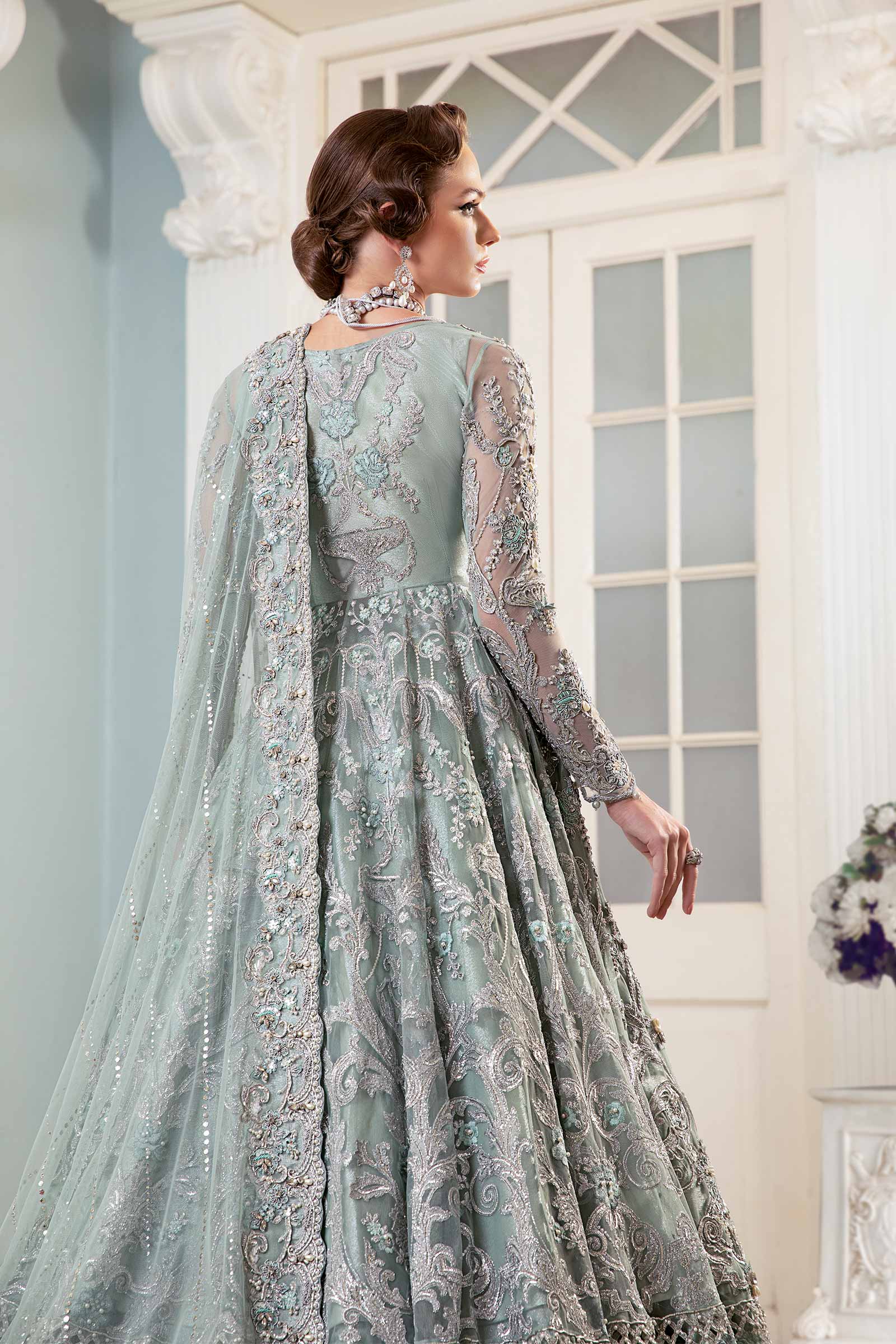 Pakistani Sea Green Embellished Net & Jamawar Lehenga Gown (3-Piece) - Image 9
