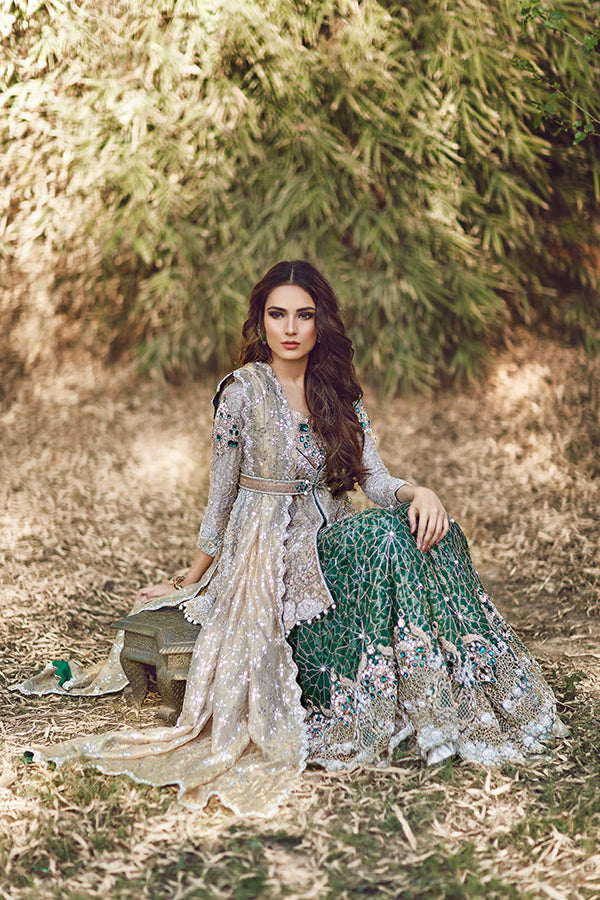 Emerald Green Kamdani Net Lehenga (3-Piece) - Image 1