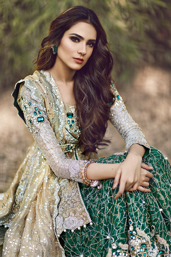 Emerald Green Kamdani Net Lehenga (3-Piece) - Image 2