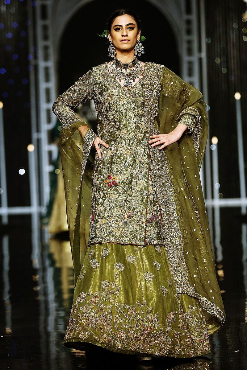 Pakistani Olive Green Embroidered Net Angrakha Lehenga (3-Piece) - Image 1