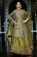 Pakistani Olive Green Embroidered Net Angrakha Lehenga (3-Piece) - Image 2