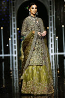 Pakistani Olive Green Embroidered Net Angrakha Lehenga (3-Piece) - Image 3