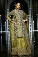 Pakistani Olive Green Embroidered Net Angrakha Lehenga (3-Piece) - Image 4