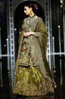 Pakistani Olive Green Embroidered Net Angrakha Lehenga (3-Piece) - Image 6