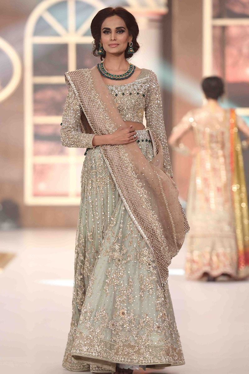 Pistachio Green Embellished Net Lehenga (3-Piece) - Image 1