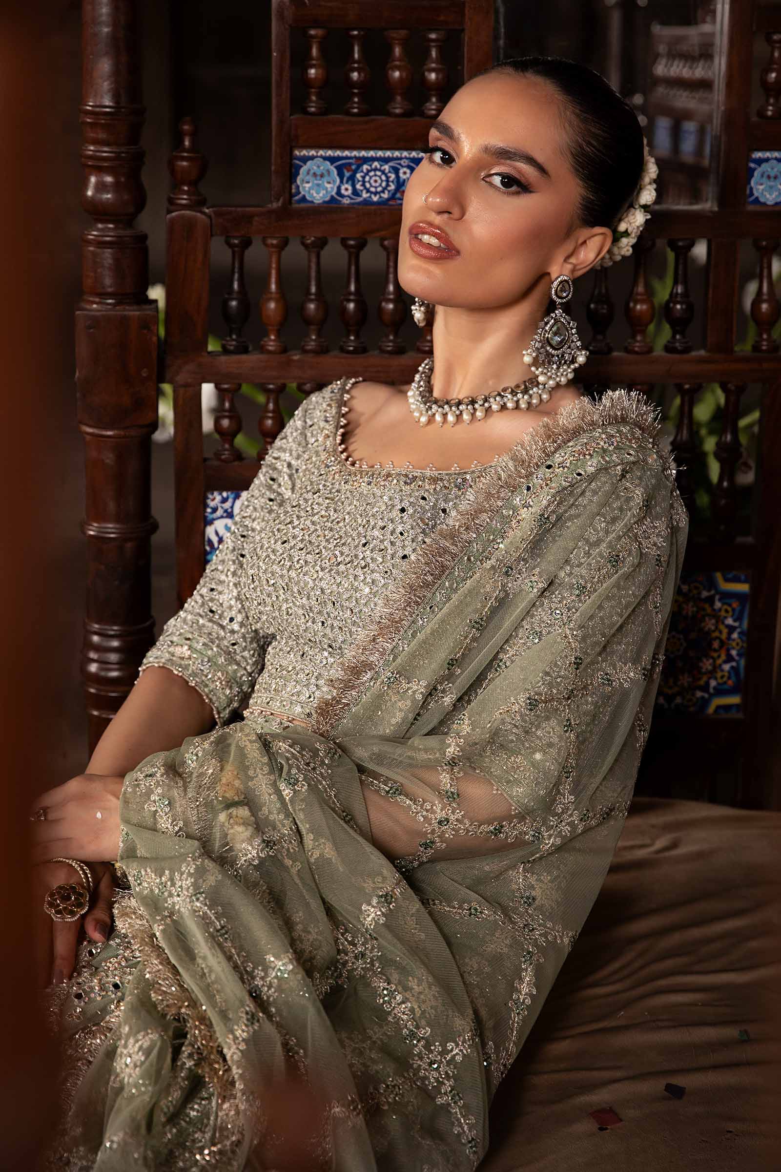 Pistachio Green Embellished Net Lehenga Set (3-Piece) - Image 4