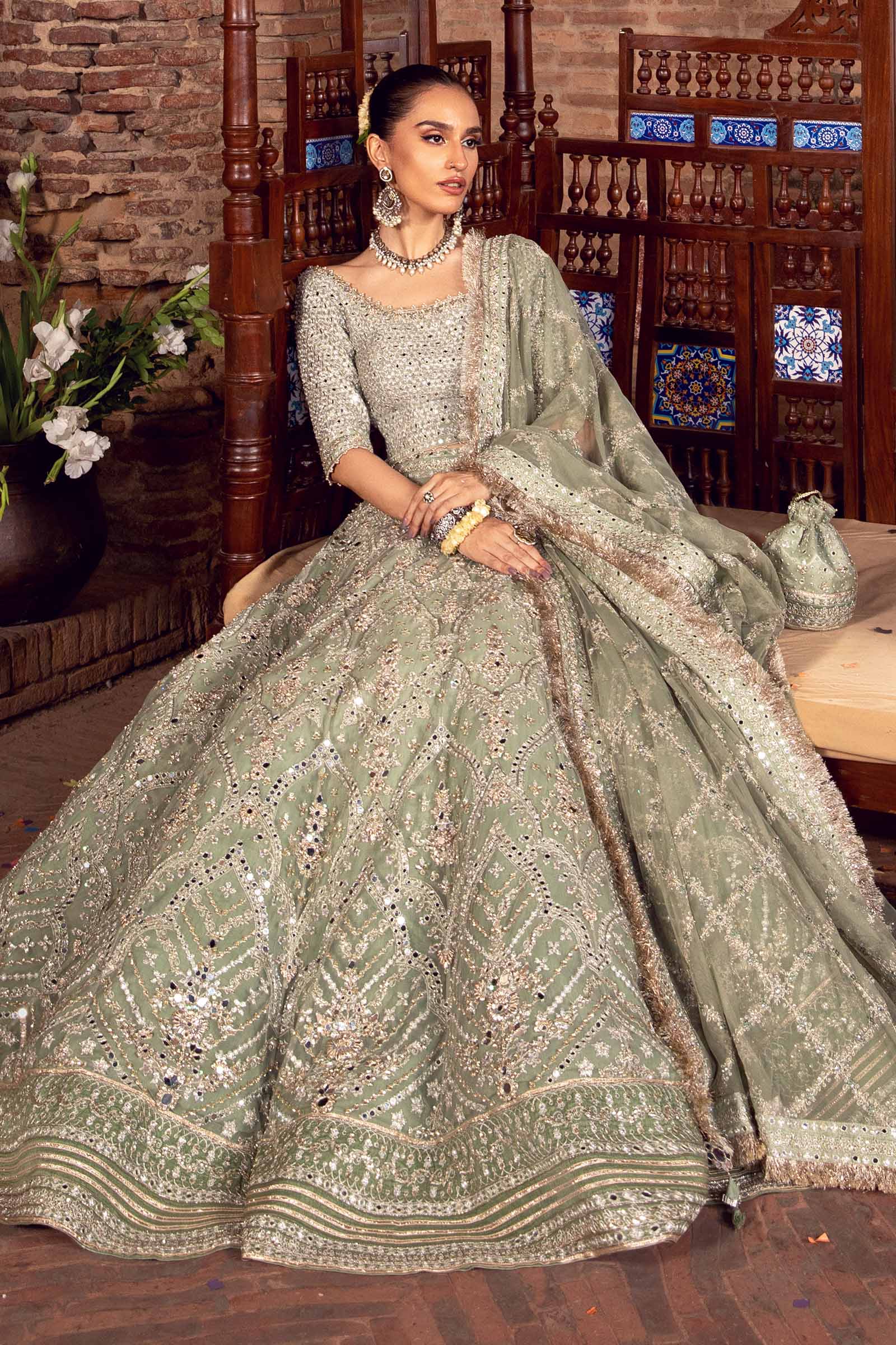 Pistachio Green Embellished Net Lehenga Set (3-Piece) - Image 5