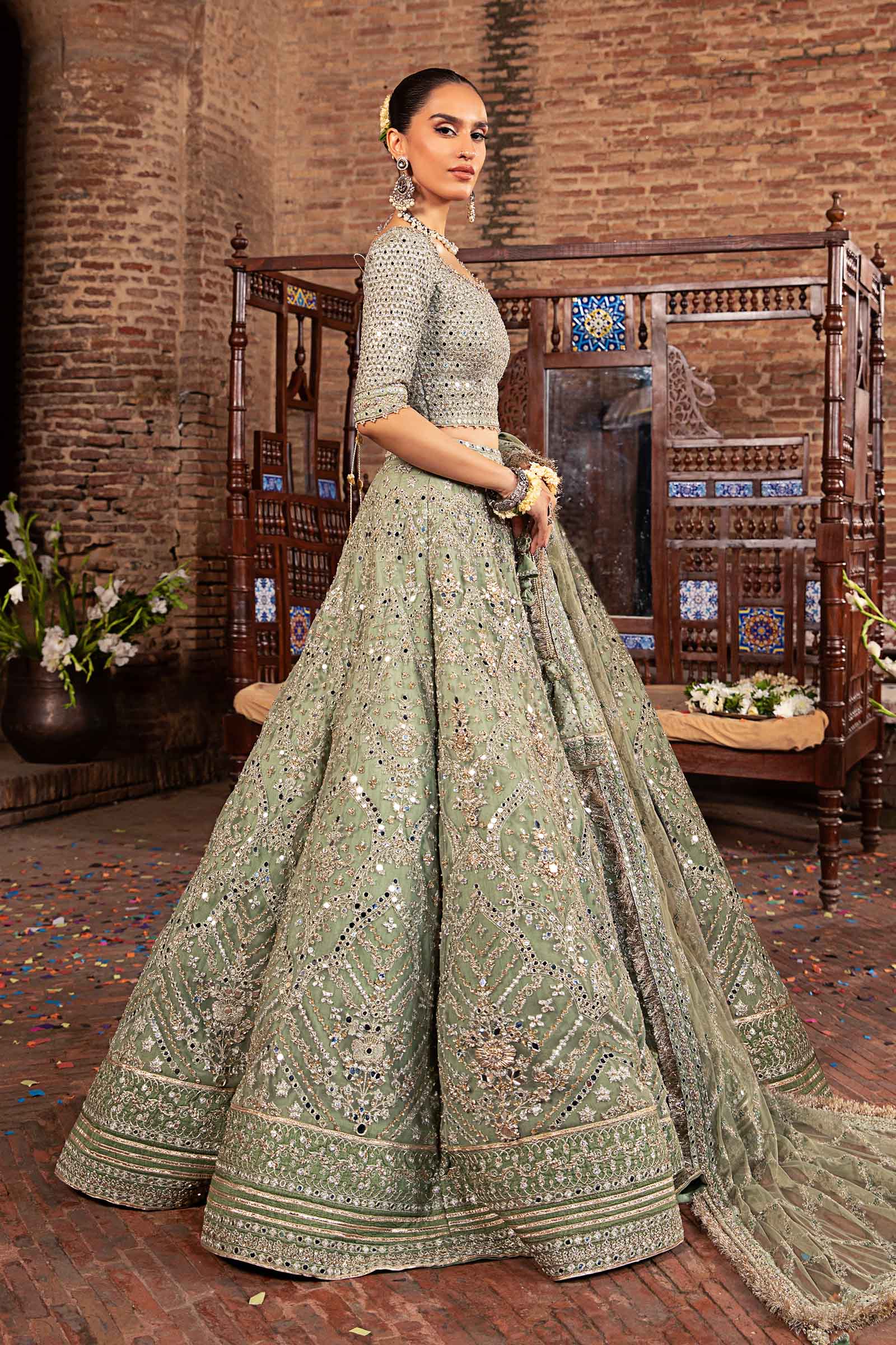 Pistachio Green Embellished Net Lehenga Set (3-Piece) - Image 6