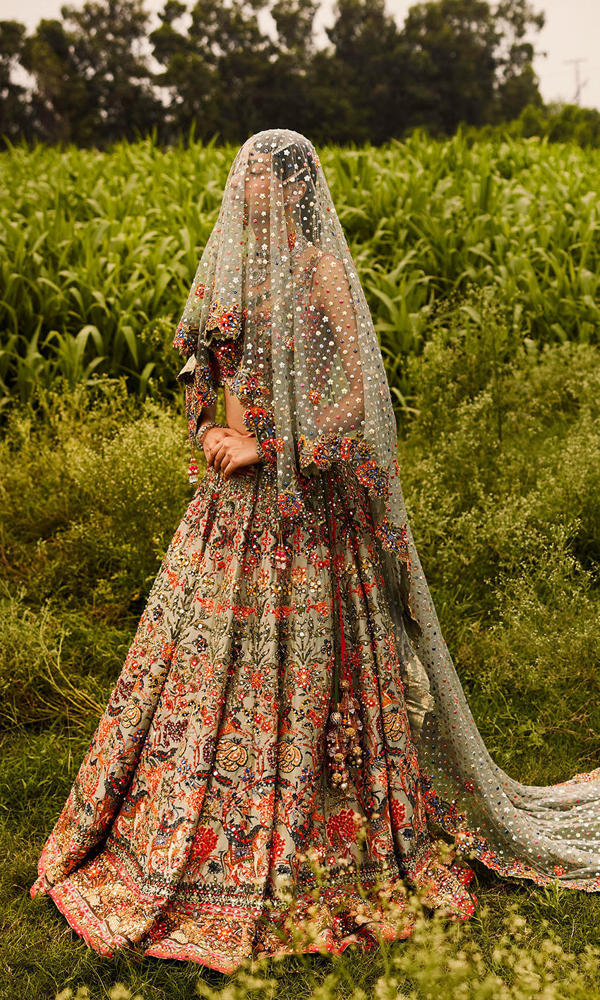 Pakistani Sage Green Mirror Work Net Lehenga Choli (3-Piece) - Image 10