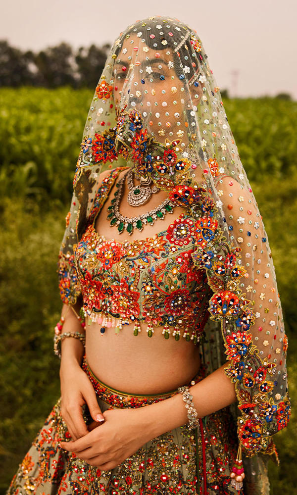 Pakistani Sage Green Mirror Work Net Lehenga Choli (3-Piece) - Image 11