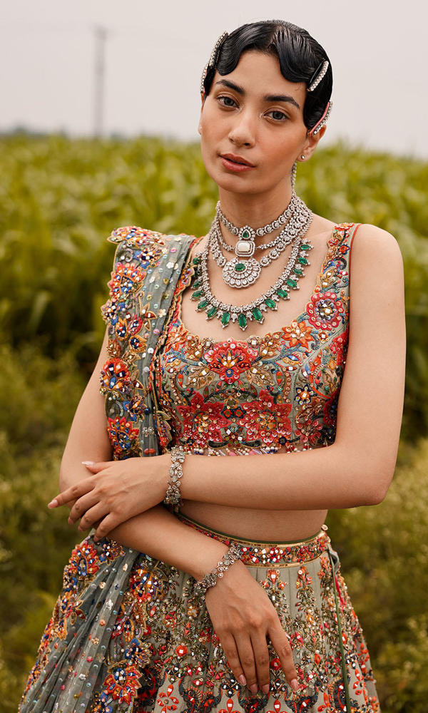 Pakistani Sage Green Mirror Work Net Lehenga Choli (3-Piece) - Image 3