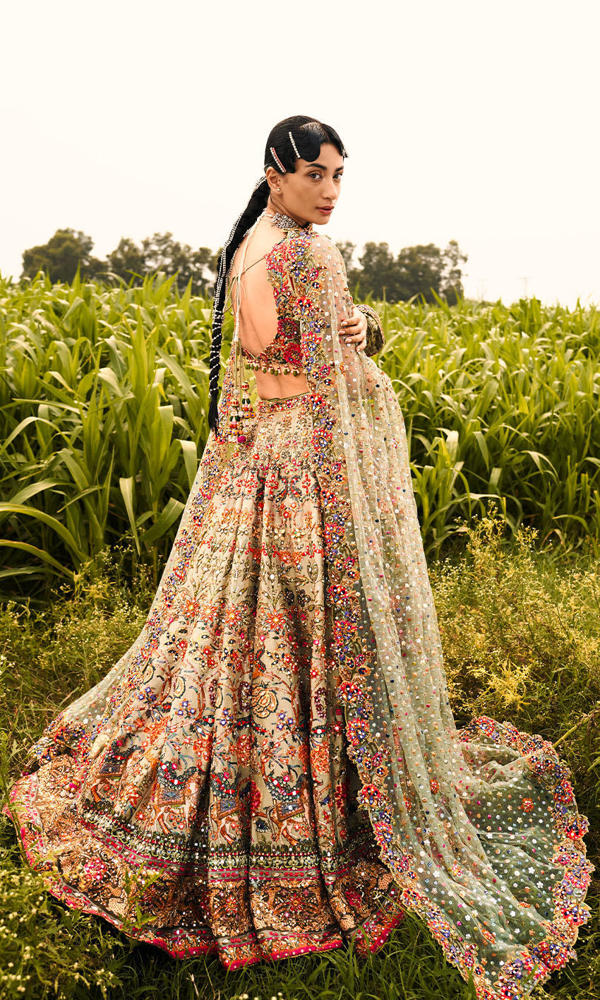 Pakistani Sage Green Mirror Work Net Lehenga Choli (3-Piece) - Image 4