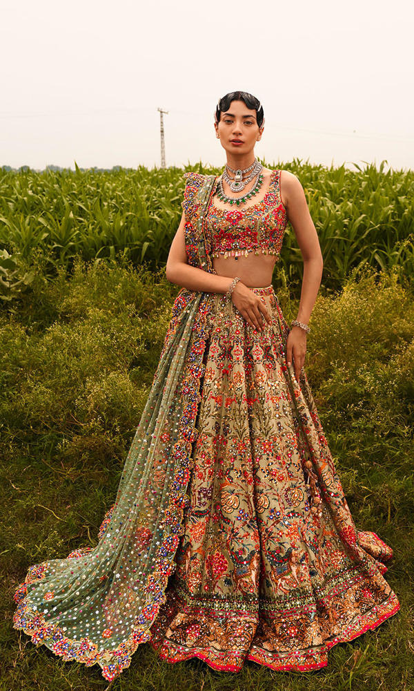 Pakistani Sage Green Mirror Work Net Lehenga Choli (3-Piece) - Image 5