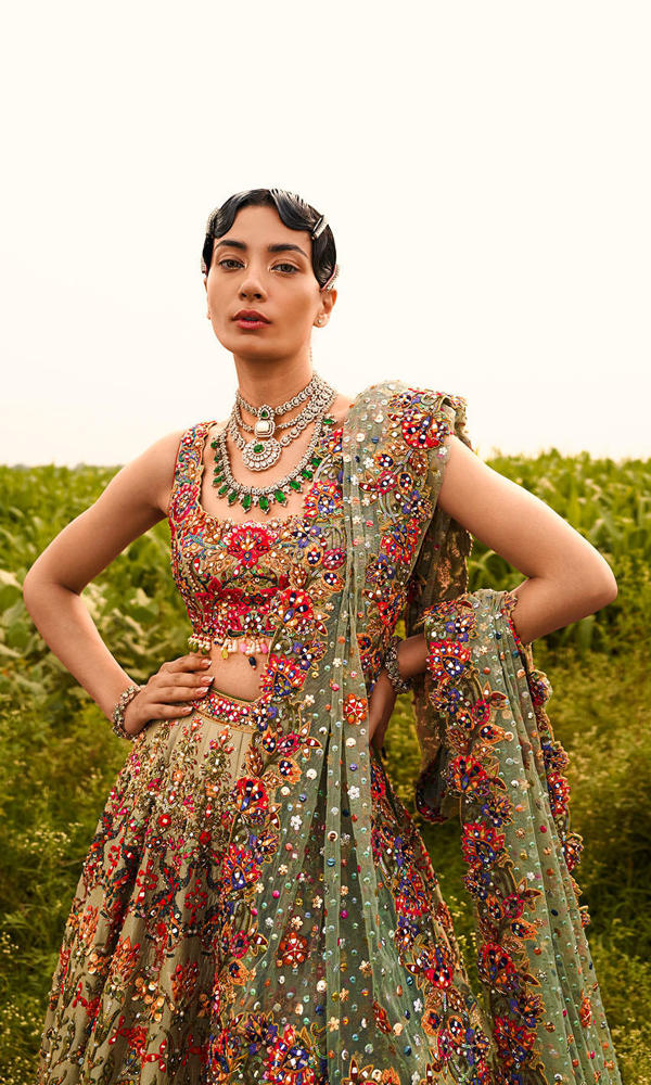 Pakistani Sage Green Mirror Work Net Lehenga Choli (3-Piece) - Image 6