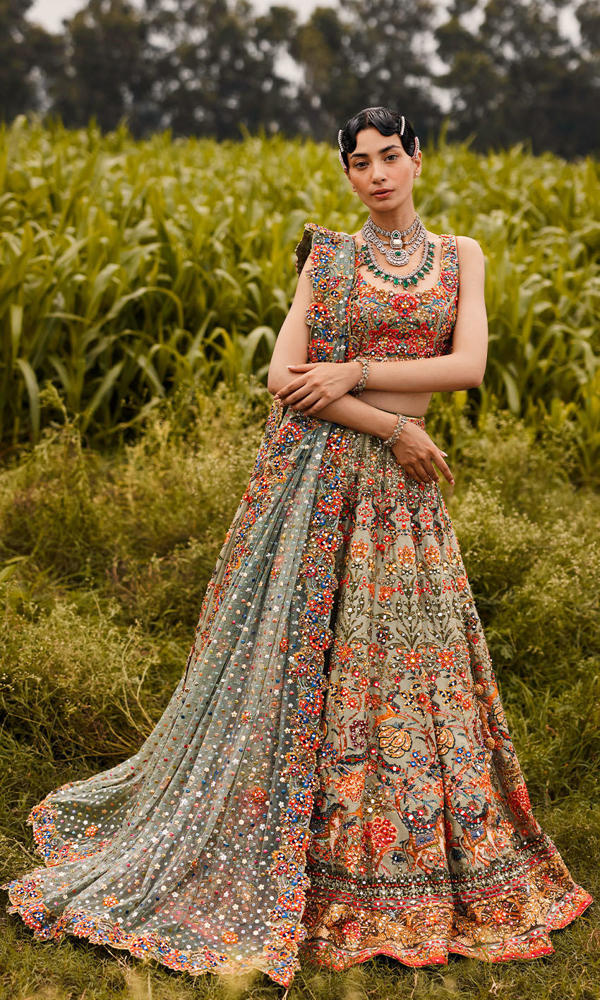 Pakistani Sage Green Mirror Work Net Lehenga Choli (3-Piece) - Image 7