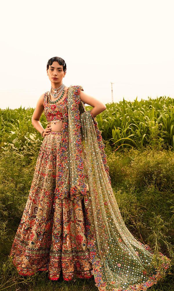 Pakistani Sage Green Mirror Work Net Lehenga Choli (3-Piece) - Image 8