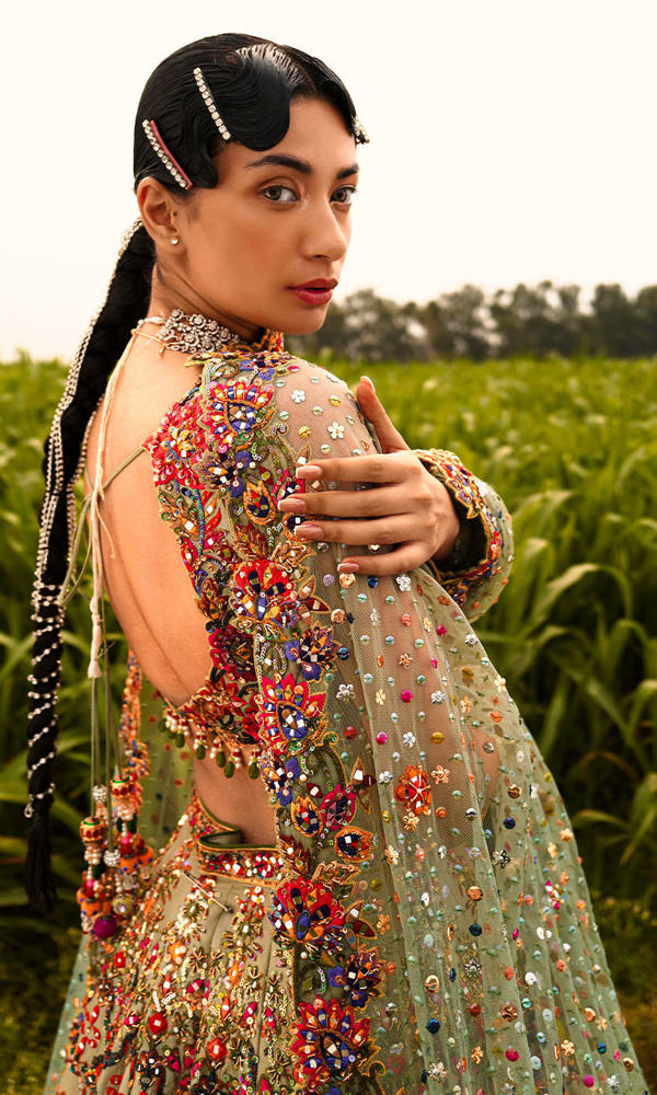 Pakistani Sage Green Mirror Work Net Lehenga Choli (3-Piece) - Image 9