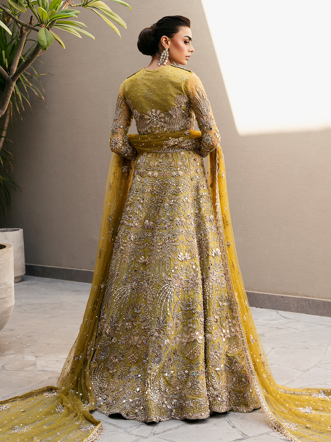 Olive Green Embellished Net Silk Lehenga Choli (3-Piece) - Image 3