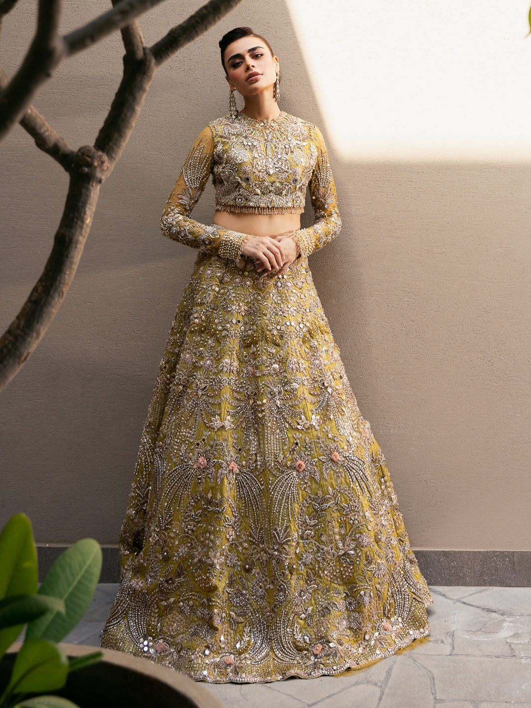 Olive Green Embellished Net Silk Lehenga Choli (3-Piece) - Image 9