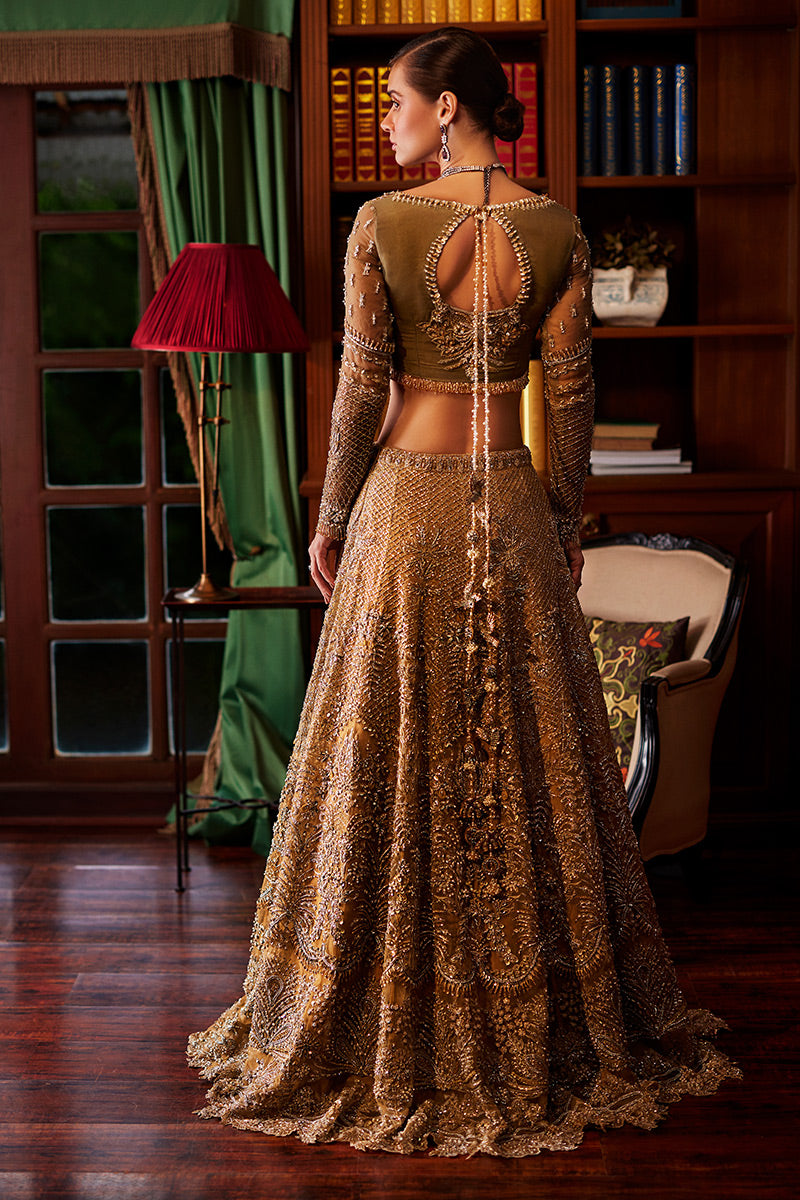 Olive Green Embellished Net Bridal Lehenga (3-Piece) - Image 2
